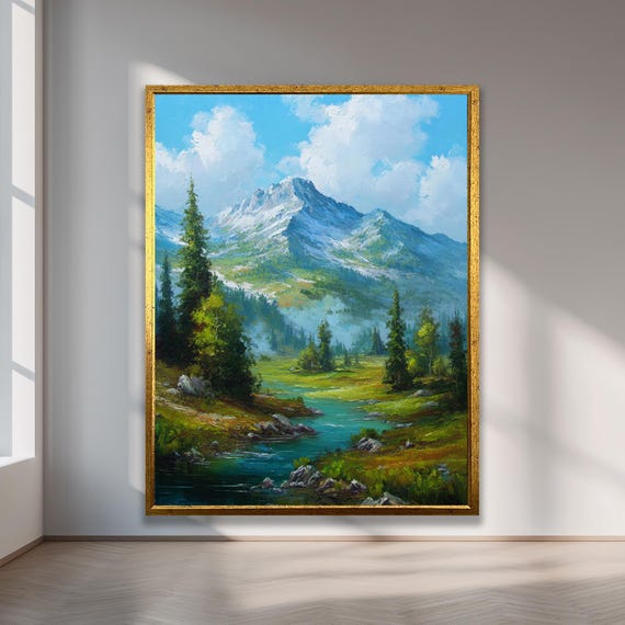 Mountain Landscape Wall Art Canvas Painting With Snowy Peaks, Pine