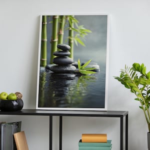 Zen Garden Wall Art, Bamboo and Stones Canvas, Calming Nature Poster, Spa Bathroom Decor, Minimalist Tranquility Print