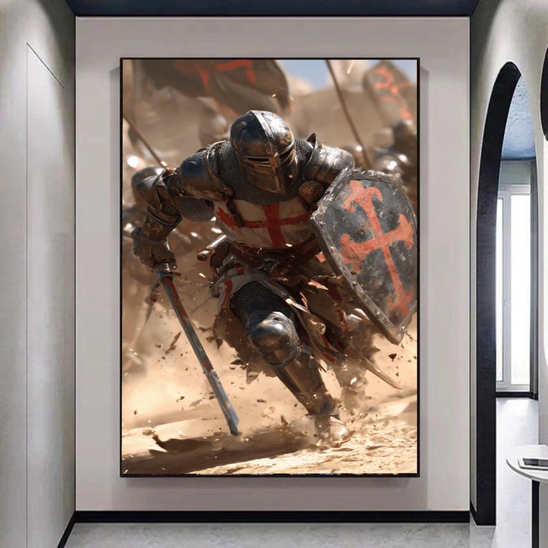 Medieval Knight Charging Canvas Wall Art, Crusader Armor Painting ...