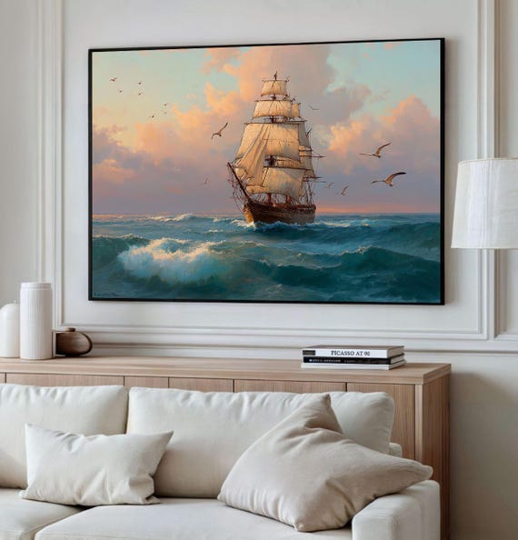Vintage Boat Tapestry, Ships Sailing in the Ocean in a Clear Sunny Day