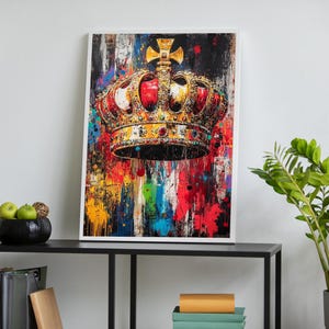 Art mural couronne, toile graffiti, affiche pop royale, impression roi coloré, décoration de couronne moderne, art royal audacieux