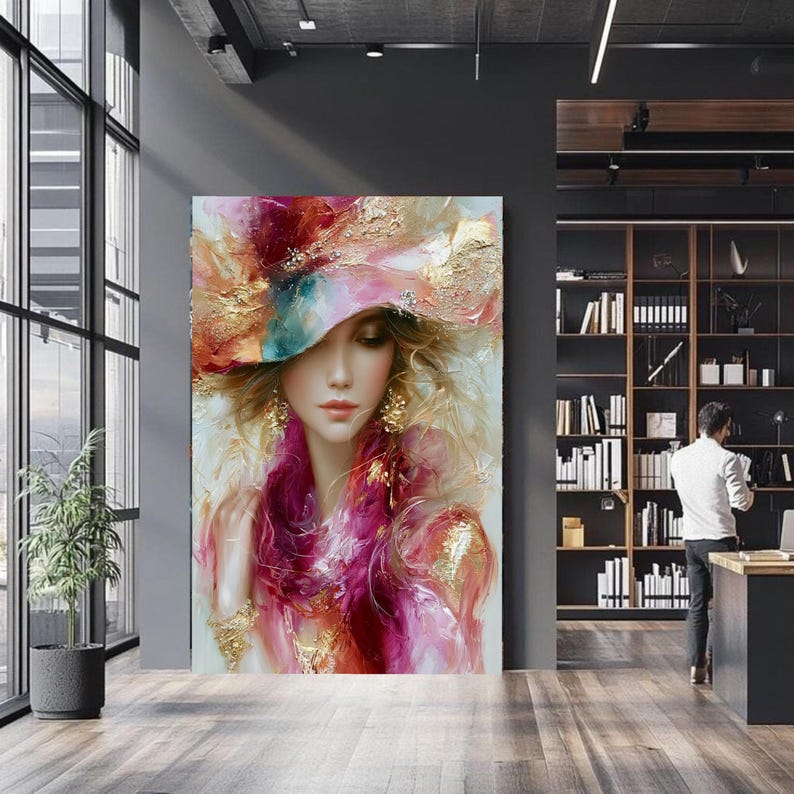 Elegant Woman Portrait Canvas, Colorful Hat & Scarf Wall Art, Abstract ...