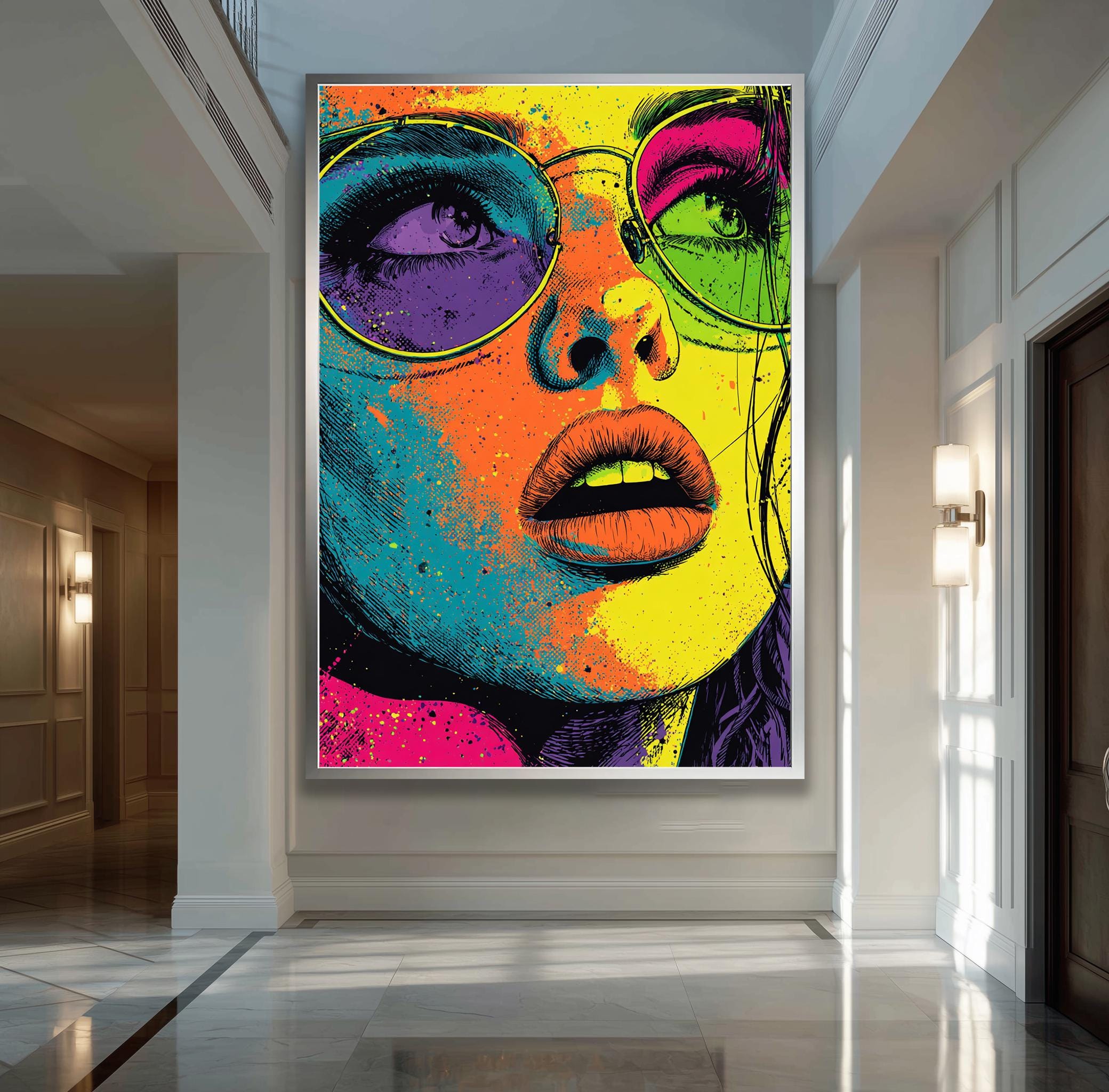 カラフルなポップアートの女性の壁アートキャンバス絵画、サングラス