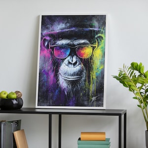 Impressão de arte de macaco colorido, macaco legal com óculos de sol, decoração de parede de animal abstrato