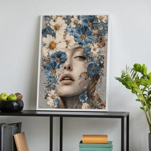 Floral Woman Portrait Canvas, Feminine Face Art with Blue and Beige Flowers, Botanical Wall Art Print