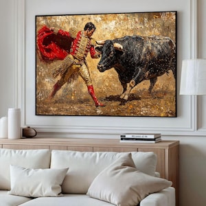 Matador and Bull Art, Spanish Bullfight Canvas, Traditional Matador Painting, Bullfighter Artwork, Red Matador Art, Spanish Culture Decor