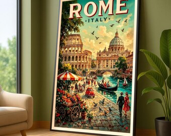 Vintage Rom Italien Leinwand Wandkunst, Kolosseum und Petersdom, Italienische Straßenszene Malerei, Klassische Europäische Reisedekoration, Fertig