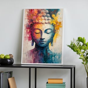 Art mural coloré en toile de Bouddha, portrait abstrait de Bouddha zen, oeuvre de méditation spirituelle, décoration pleine conscience