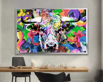 Colorful Abstract Bull Canvas Wall Art, Modern Animal Painting for Living Room Decor, Vibrant Contemporary Artwork