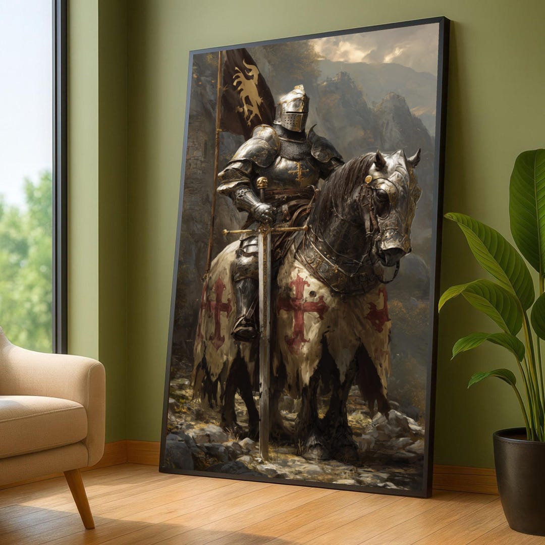 Medieval Knight in Shining Armor on Warhorse Canvas, Crusader Wall Art ...