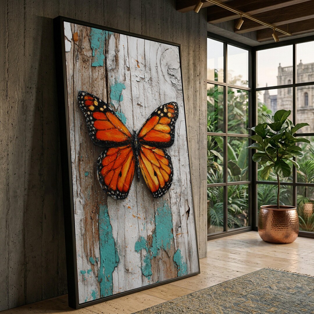 Vibrant Monarch Butterfly Canvas Wall Art, Rustic Wood Texture, Nature ...