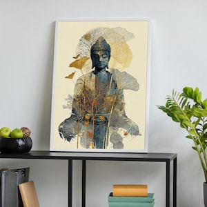 Buddha Wall Art Print, Botanical Zen Buddha Canvas, Spiritual Meditation Poster, Minimalist Yoga Room Decor, Tranquil Asian Artwork