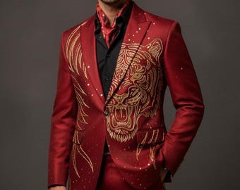 Men Dark Red tiger Suit Country Western suits Embroidered for Event and party