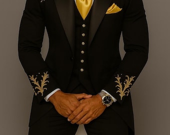 Men BlacknGold 2pc Suit Country Western suits Embroidered Outfit for Event and party