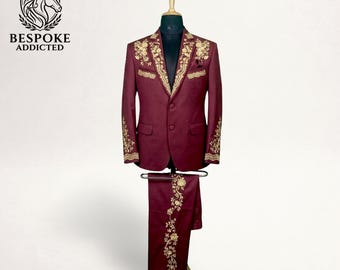 Red Western Embroidered Suit, Gold Floral Cowboy Wedding Mens Suit