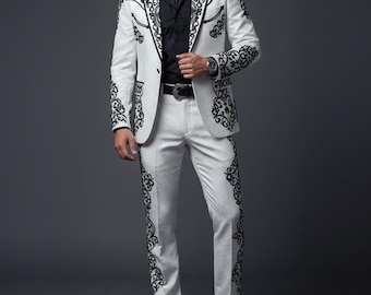 white & Black  2pc Suit Country Western suits Embroidered for Event and party