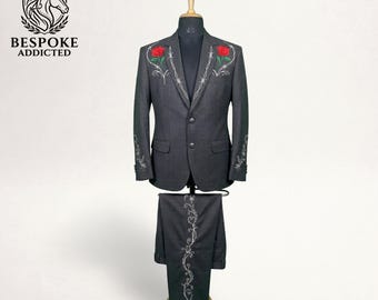 Charcoal Western Rose Embroidered Suit, Cowboy Wedding Country Mens Suit