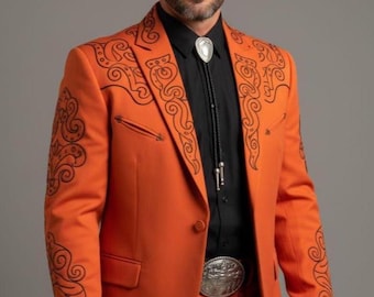 Men orange 2pc Suit Western suits Embroidered Outfit for Event Party Wedding Prom