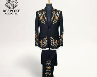 Bespoke Black Floral Western Suit Mens | Embroidered Cowboy Suit | Nudie Style Rodeo Outfit