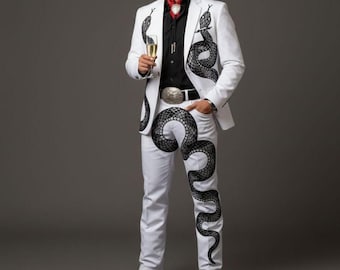 Men white & Black snake 2pc Suit Country Western suits Embroidered for Event and party