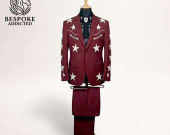 Brown Western Star Embroidered Suit, Cowboy Wedding Country Men's Suit