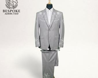 Light Gray Western Embroidered Suit, Cowboy Wedding Mens Formal Suit