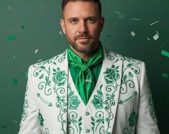 White Suit For Men with Green Embroidery