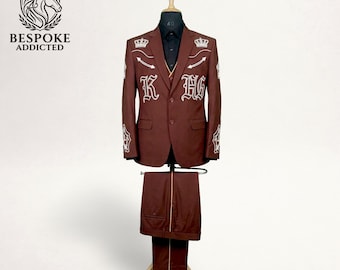 Burgundy King Embroidered Suit, Crown Wedding Prom Mens 3 Piece Suit