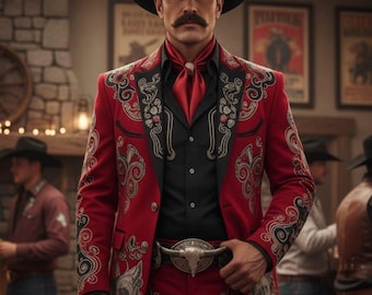 May include: A red cowboy suit with intricate black and silver embroidery. The suit includes a jacket, pants, and a matching red necktie. The person is wearing a black cowboy hat and a belt with a bull head buckle. The background shows a bar setting.
