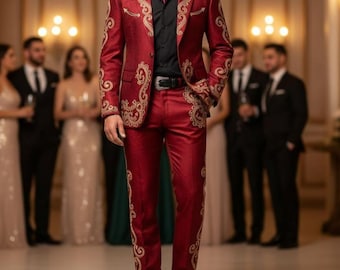 Men Dark Red Suit Country Western suits Embroidered for Event and party