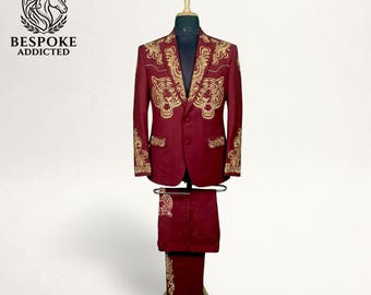 Red Tiger Embroidered Western Suit, Gold Cowboy Wedding Men's Suit