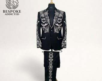 Black Gothic Western Suit, Skull Bat Embroidered Cowboy Mens Suit