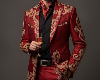 Men Dark Red Suit Country Western suits Embroidered Outfit for Event and party