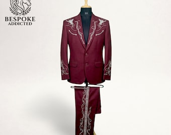 Red Western Embroidered Suit, Cowboy Arrow Rodeo Wedding Mens Suit