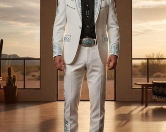 white 2pc Suit Country Western suits Embroidered for Event and party