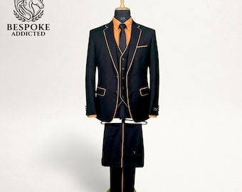 Black Gold Trim Suit, Formal Wedding Prom Mens 3 Piece Suit