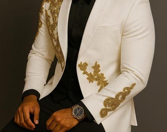 Men whiteGold 2pc Suit Country Western suits Embroidered Outfit for Event and party