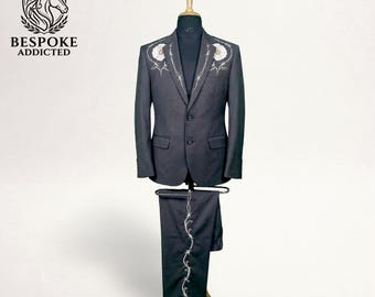 Charcoal Floral Embroidered Suit, Bespoke Wedding Prom Men's Suit