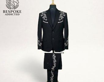 Black Western Embroidered Suit, Cowboy Wedding Country Mens Suit