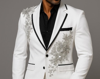 Men white & Black 2pc Suit Country Western suits Embroidered for Event and party
