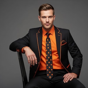 May include: A black suit with orange trim, paired with an orange dress shirt and a black tie featuring orange pumpkin faces. A matching pocket square is visible. The ensemble is a festive outfit.