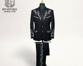 Black Western Embroidered Suit, Cowboy Wedding Country Mens Suit