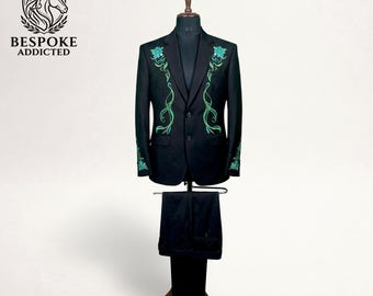 Bespoke Black Western Embroidered Suit Mens | Bird Floral Cowboy Suit | Nudie Style Rodeo Outfit