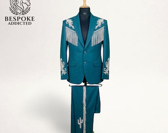 Teal Western Fringe Suit, Cowboy Embroidered Cactus Wedding Men/Women Suit