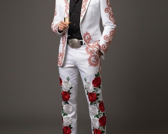 white & red rose  2pc Suit Country Western suits Embroidered for Event and party