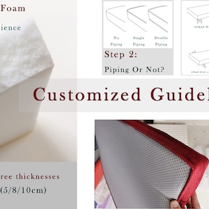 May include: A close-up of a white foam mattress pad with the text "High-density Foam --Good Support --Excellent Resilience". The pad is available in three thicknesses: 2, 3, and 4 inches (5, 8, and 10 cm). The image also shows a diagram of the different piping options for the mattress pad, as well as a diagram of the different tether options. The text "Customized Guidelines" is displayed in a large font at the bottom of the image.