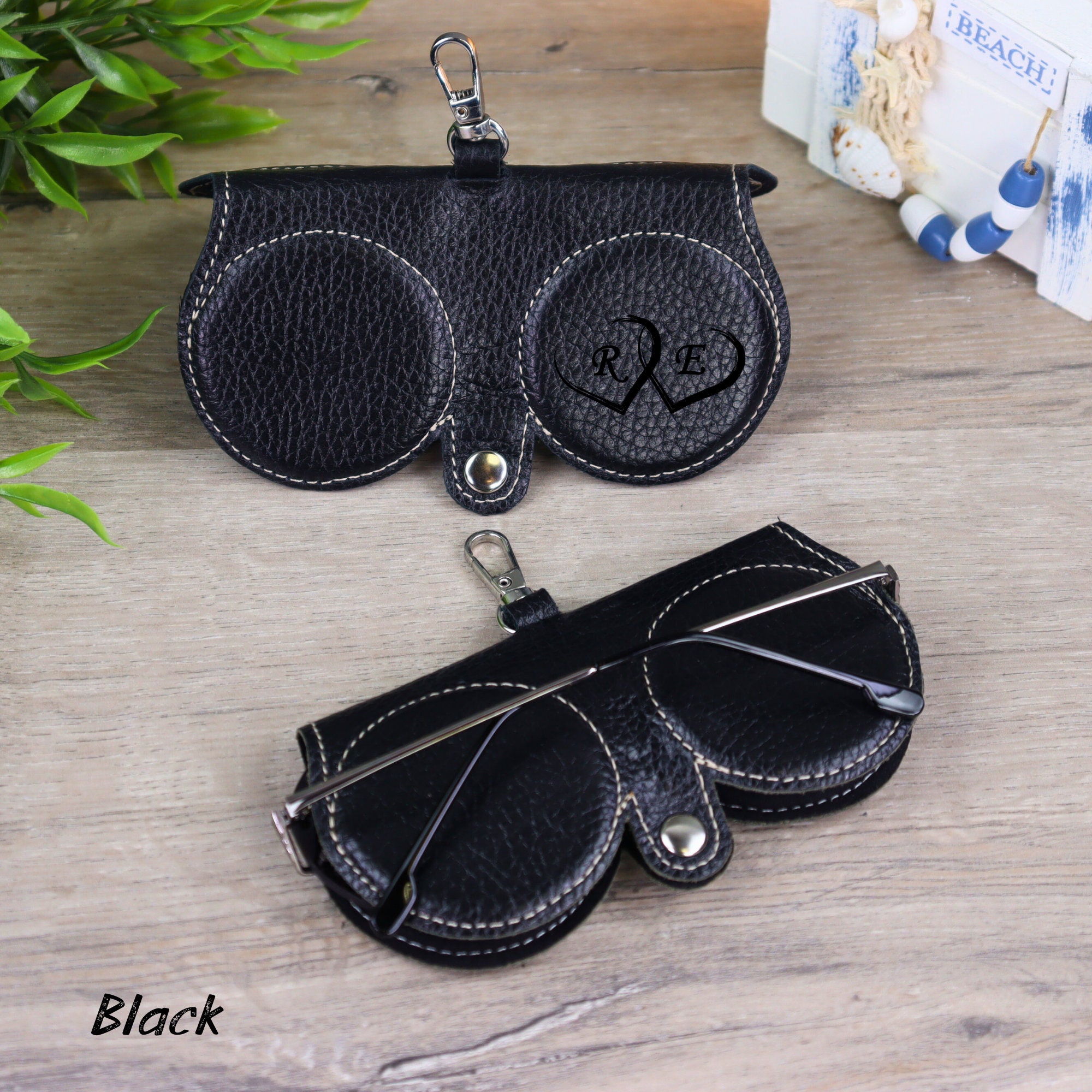 Personalized Genuine Leather Glasses Case with Silver Hook, Portable Sunglasses Sleeves, Durable Soft Eyeglasses Pouch Slim Spectacle Holder