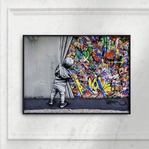 Arte de pared imprimible de Banksy detrás de la cortina Descarga digital Descargas imprimibles de Banksy Impresiones de Banksy Póster de arte callejero Arte de grafiti