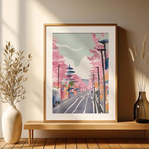 Cherry blossom street wall art print with pastel pink sakura trees and Japanese temple architecture digital download for home office decor