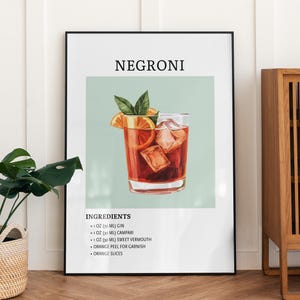 Póster de cóctel Negroni para pared, decoración de carrito de bar, descarga digital, receta de cóctel imprimible para bar en casa o decoración de bar, regalo para un amigo